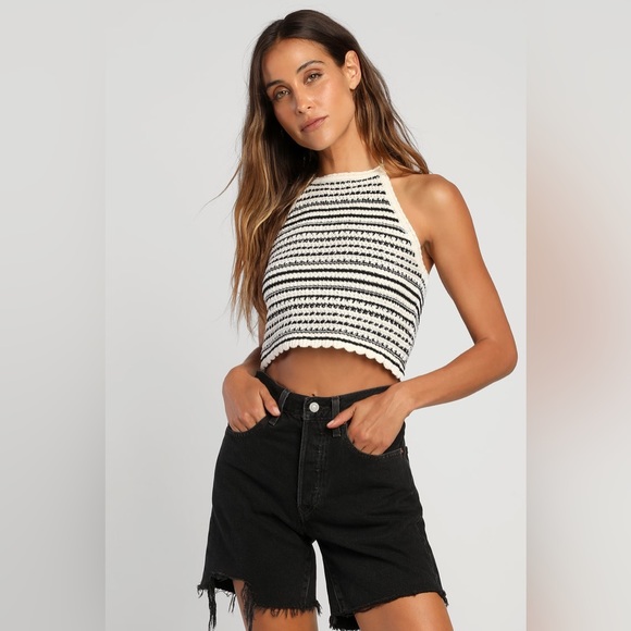 Crochet Striped Halter Top  ALYA Medium Cotton Sweater - Picture 11 of 14